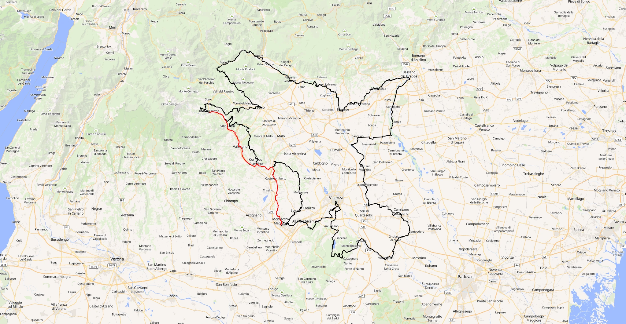 Mappa del Cammino Magnagati a piedi, con percorso principale in nero e varianti in rosso
